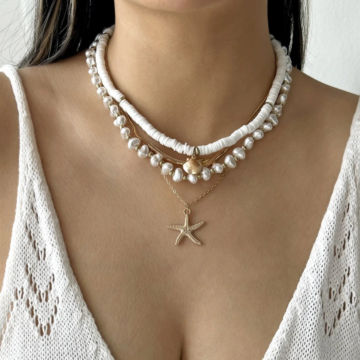 Multilayer Imitation Pearl Rice Bead Starfish Resin Turtle Shell Necklace For Women Men Ocean Beach Fishtail Choker Boho Jewelry