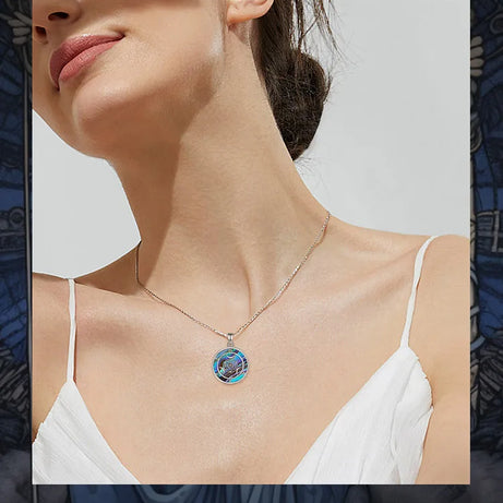 S925 Sterling Silver Hecate Wheel Pendant Necklace, Abalone Triple Moon Goddess Wiccan Amulet
