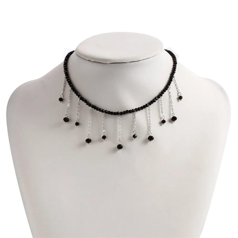 Black Bead Silver Tassel Choker Necklace Jewelry