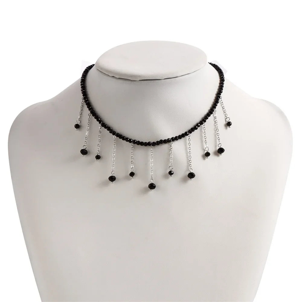 Black Bead Silver Tassel Choker Necklace Jewelry