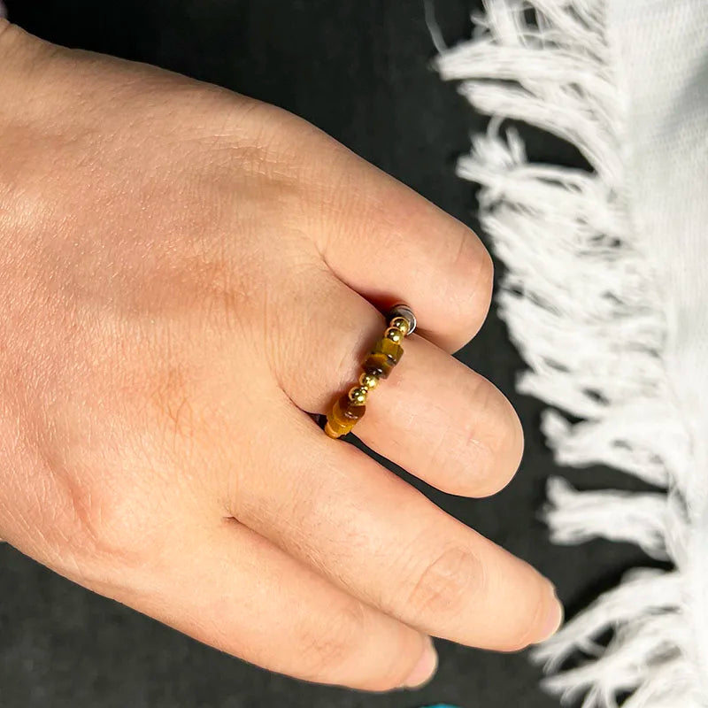 Boho 2*4mm Natural Stone Rings Women Handmade Jewelry Friendship Gifts Agate Tigereye Opal Statement Ring Stainless Steel Beads