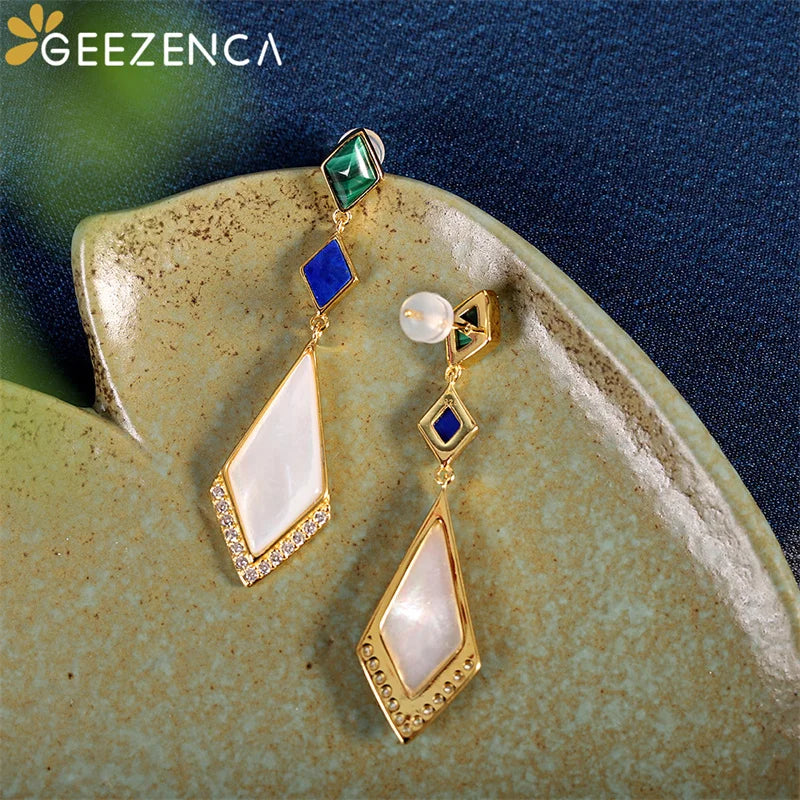 GEEZENCA Malachite Lapis Lazuli Shell 925 Silver Dangle Earrings For Women Unusual Geometric Natural Stone Drop Earring Gift