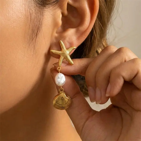 Pearl and Seashell Clustered Tassel Dangle Earrings