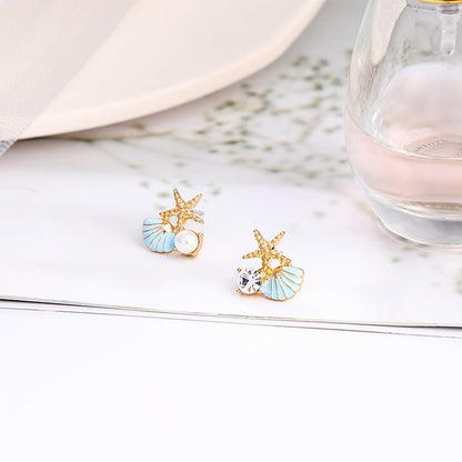 Starfish Shell Stud Earrings for Women Small Cute Earrings with Imitation Pearl Fashion Banquet Wedding Jewelry