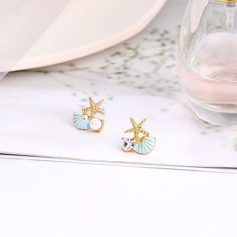 Starfish Shell Stud Earrings for Women Small Cute Earrings with Imitation Pearl Fashion Banquet Wedding Jewelry - Charlie Dolly