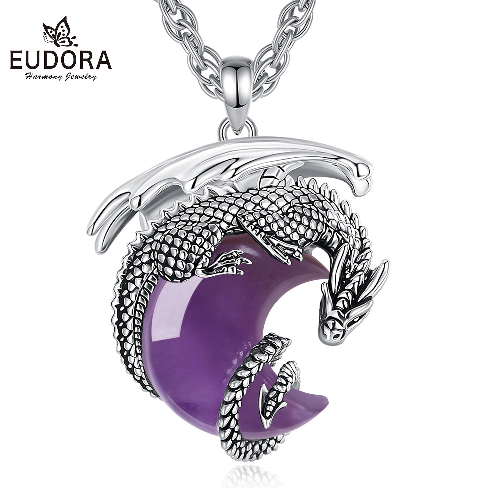 Eudora Dragon Crescent Moon Natural Amethyst Necklace Healing Crystal Stone Pendant Spiritual Jewelry Gift for Women Men