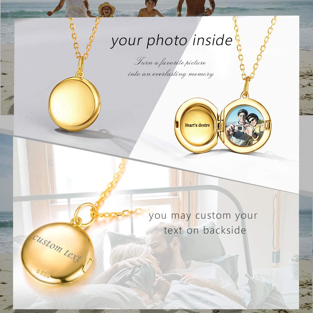 PROSILVER 925 Sterling Silver Customized Photo/Text Necklaces Women Teens Girl Cute Round Gold Locket Pendant That Hold Picture - Charlie Dolly