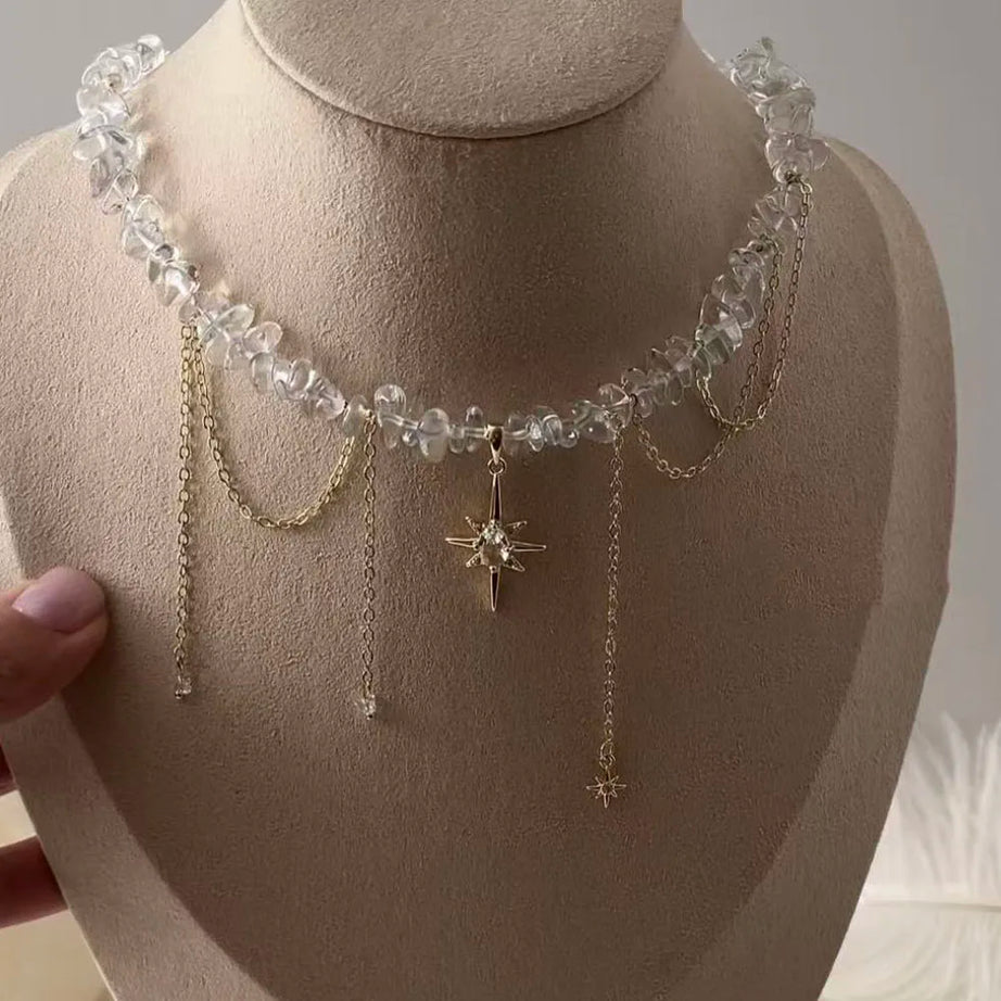 Transparent Crystal and Pearl Tassel Chain Pendant Necklace