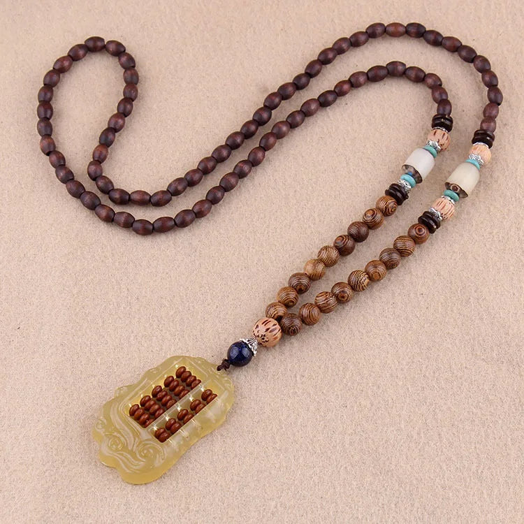 Wood Bead Bodhi Pendant Sweater Chain Necklace Jewelry