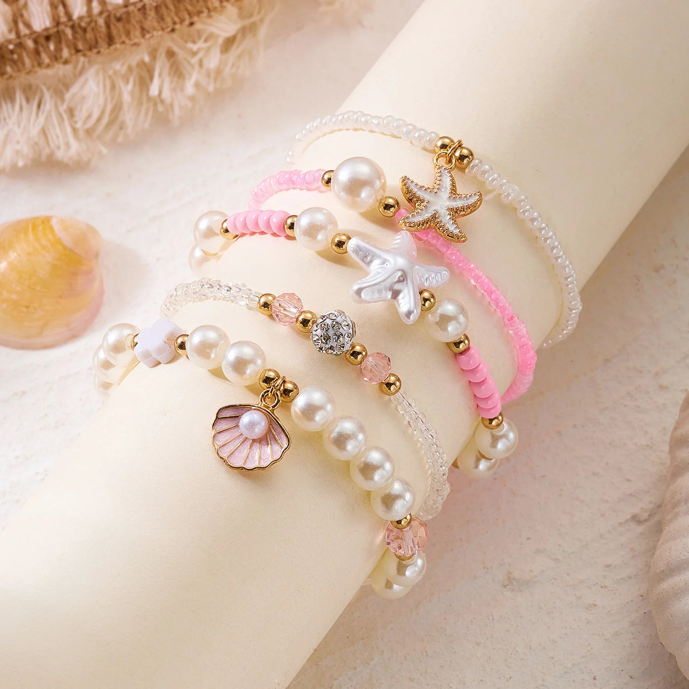 Pink Pearl and Shell Stackable Bracelet Set (5 Pieces)