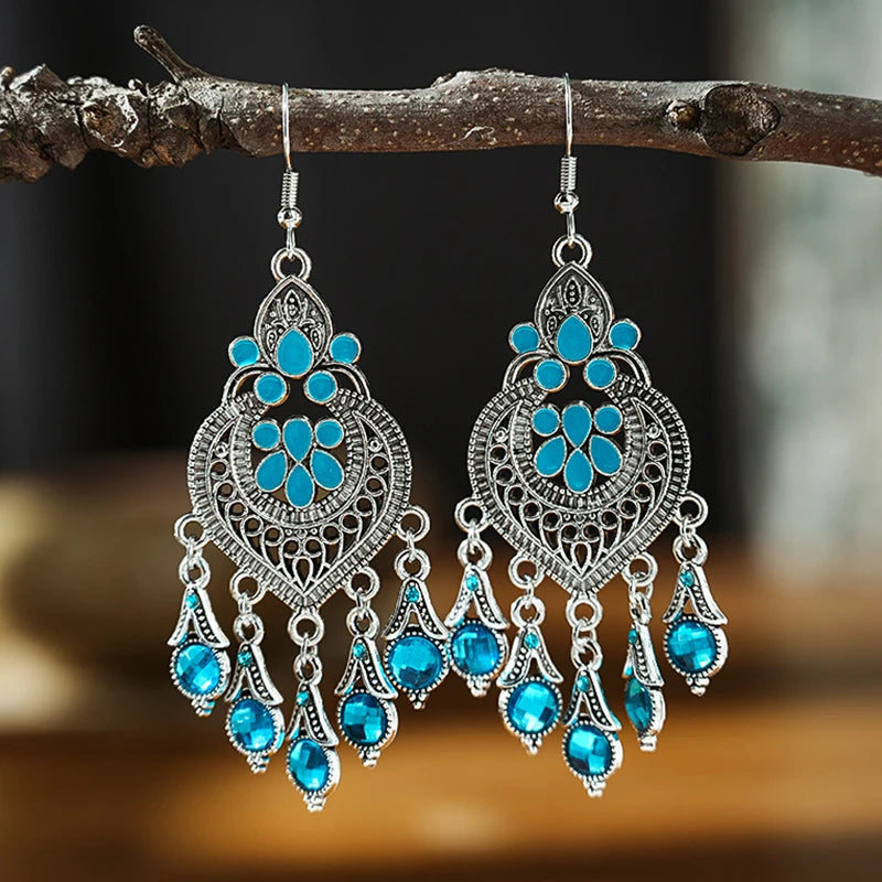 Blue Fashion Boho Temperament Water Drop Feather Earrings for Women Long Crystal Rhinestone Drop Oil Dangle Earring Jewelry
