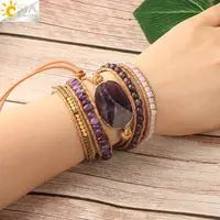 CSJA Natural Stone Bracelets Green Fluorite Crystal Aventurine Bead Leather Wrap Bracelet Multilayer Boho Jewelry Pulseira G118