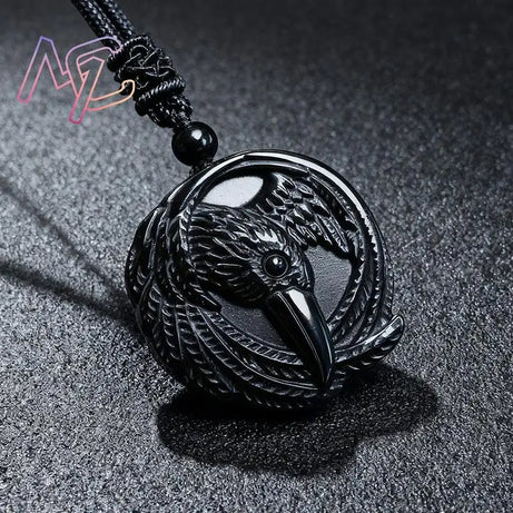 Real Obsidian Crow Pendant Necklace, Natural Gemstone Amulet Talisman