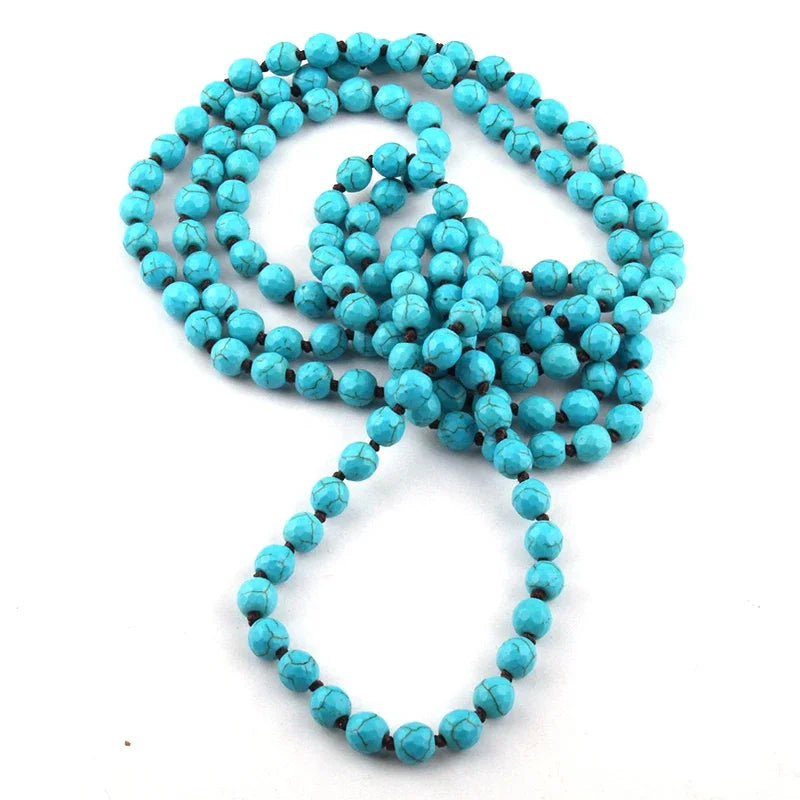 Blue Faceted Stone Knotted Long Necklace Jewelry