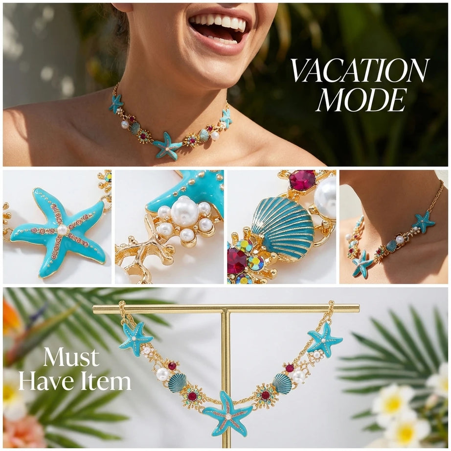 Starfish Shell and Zircon Boho Choker and Bracelet Set