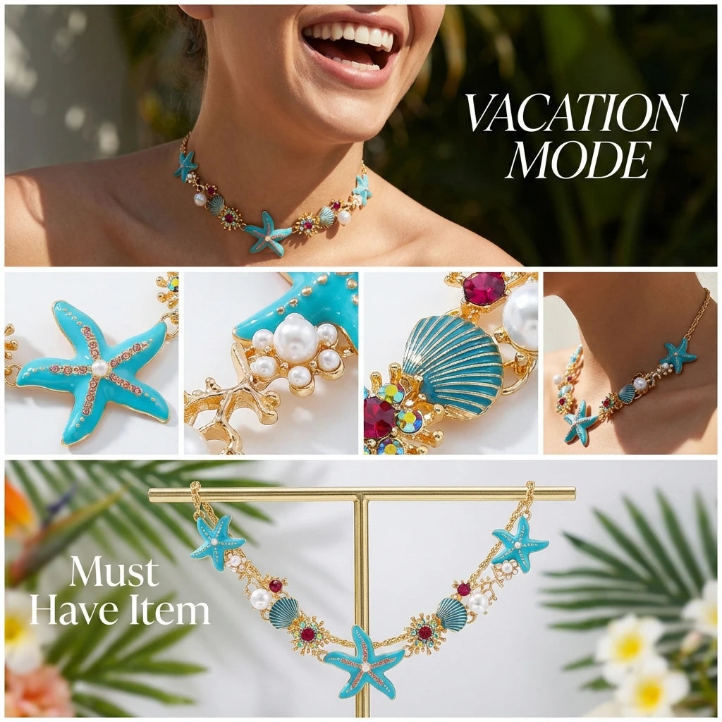 Boho Starfish Shell Pearl Metal Chain Necklace For Women Colorful Crystal Zircon Clavicle Choker Beach Party Vacation Jewelry
