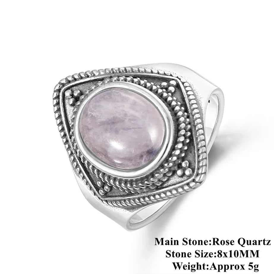 Natural Rose Quartz Oval Gemstone Ring - Vintage Boho Silver Plated Handmade Jewelry for Women Gift Party & Daily Wear - Charlie Dolly