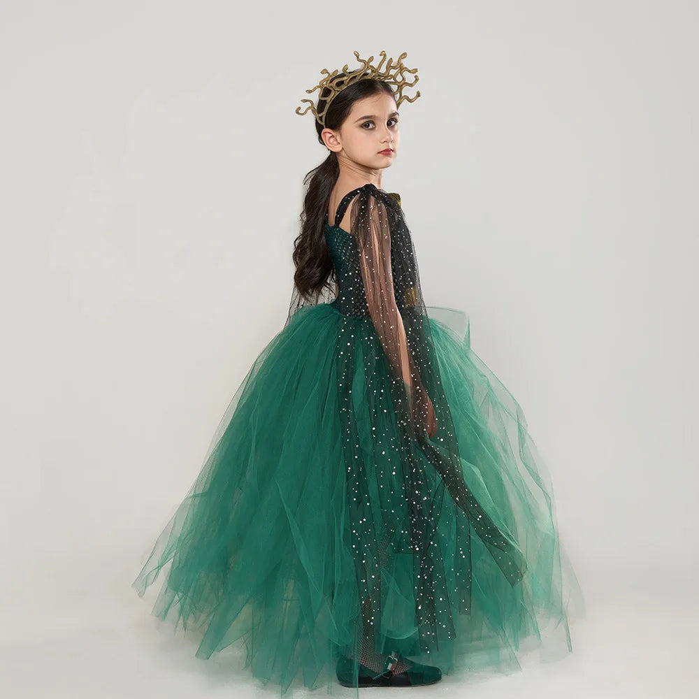 Green Medusa Girls Costume With Headpiece For Kids Cosplay Halloween Medusa Dresses Greek Roman Kids Fancy Gown Tutu Dress 2024 - Charlie Dolly