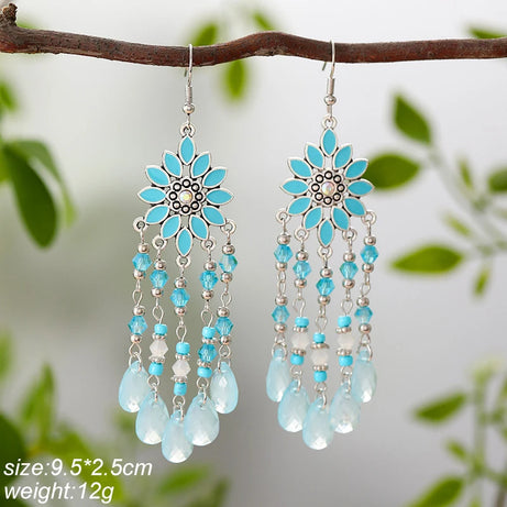 Blue Enamel Feather Crystal Long Earrings Jewelry