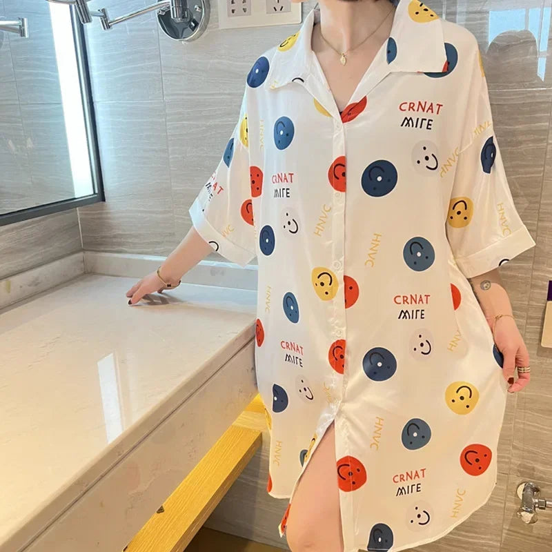 Women Sexy Leopard Print Nightgown Lapel Short Sleeve Satin Silk Cardigan Nightdress Hot Nighty Summer Nightgowns Mini Pajamas - Charlie Dolly