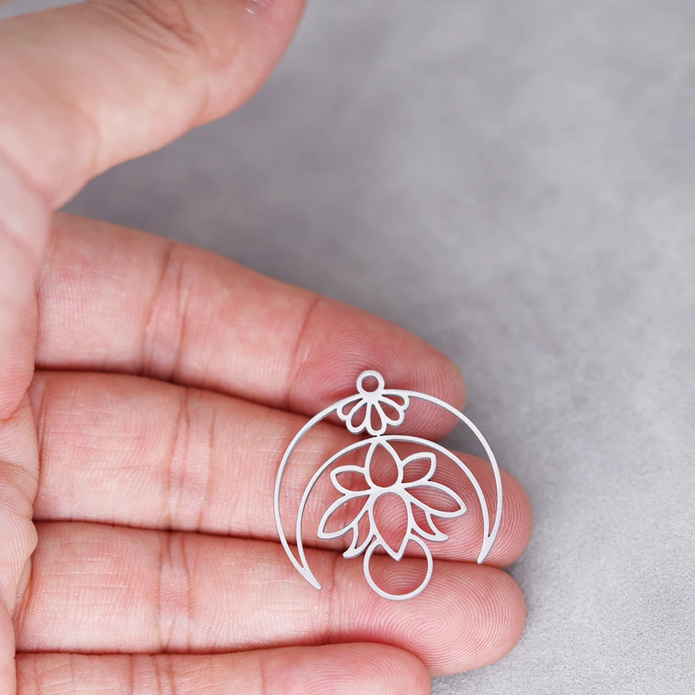 3PCS Art Line Lotus Flower Moon DIY Craft Tassels Earrings Necklace Stainless Steel Pendant Charms for Jewelry Making Accessory