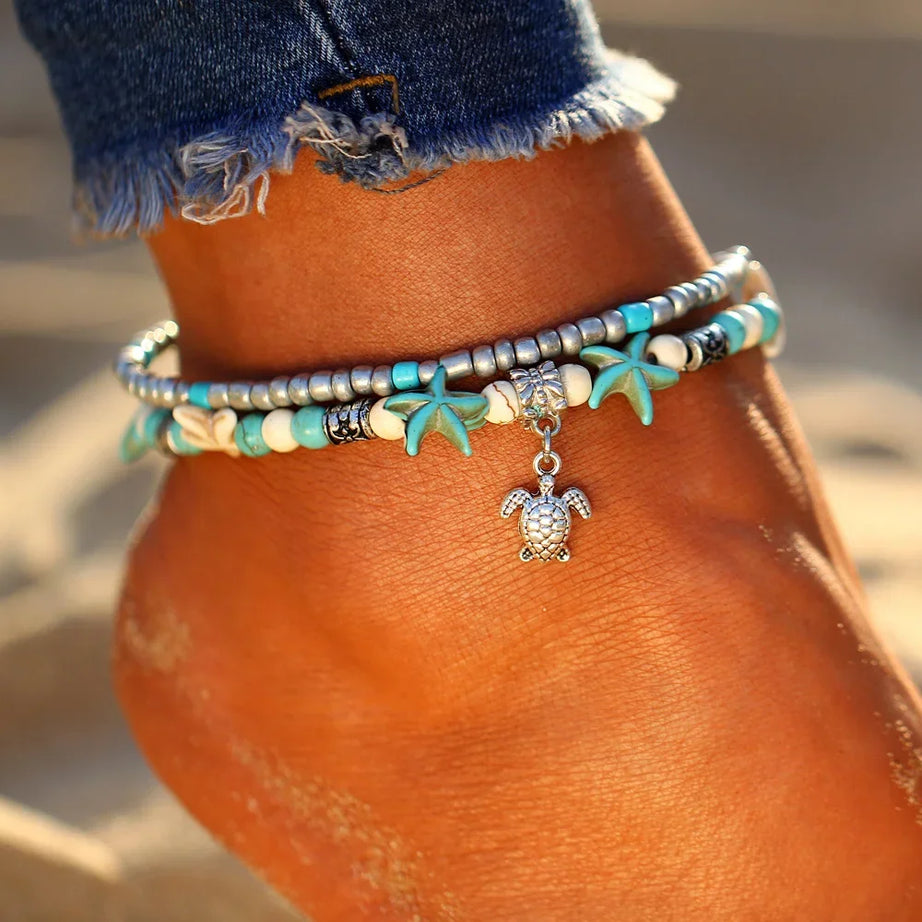 Shell, Starfish and Tortoise Handcrafted Boho Anklet