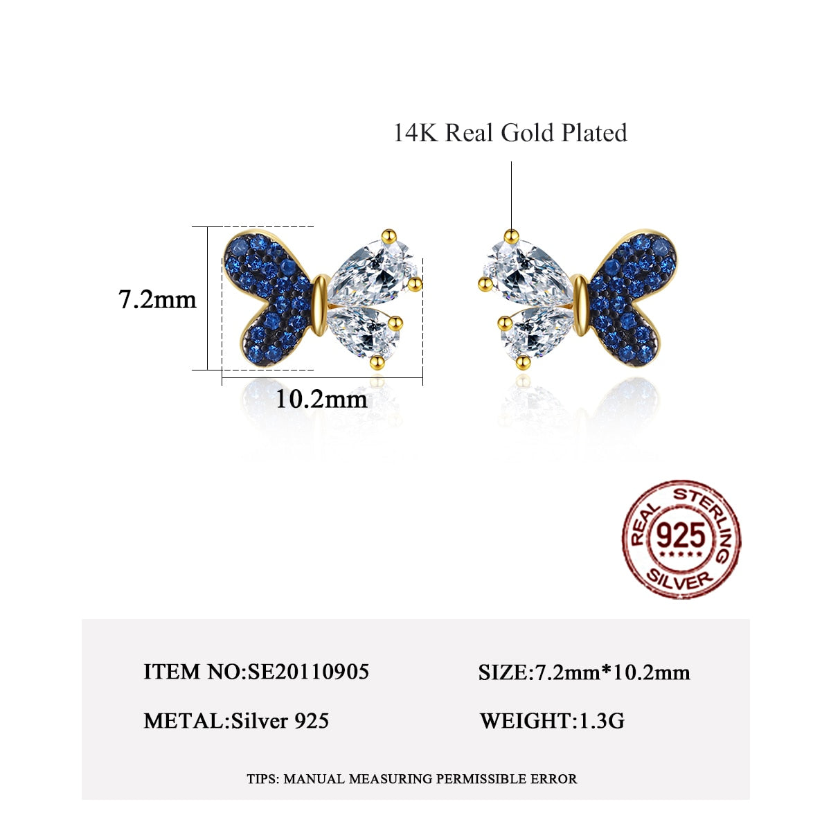 CZCITY Sapphire Blue Cubic Zirconia 925 Sterling Silver Butterfly Stud Earrings Gold Plated Unusual Luxury Party Fine Jewelry - Charlie Dolly