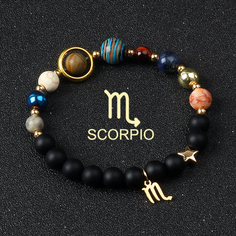 Eight Planets & Twelve Zodiac Beaded Bracelet, Natural Stone Cosmic Astrology Talisman