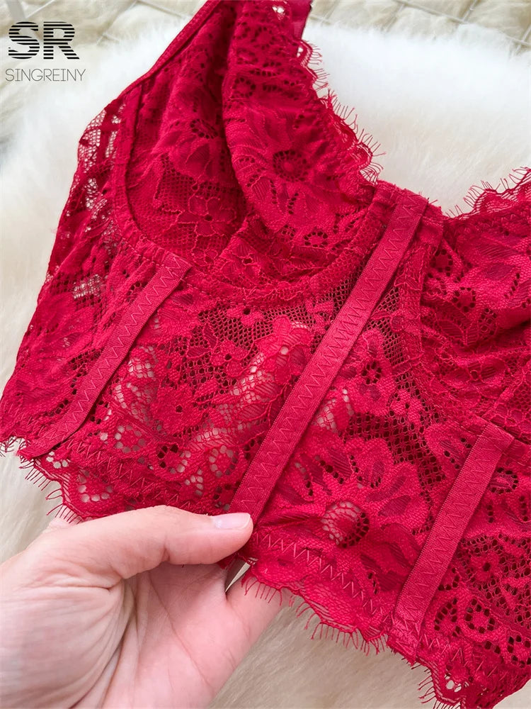 SINGREINY Sexy Lace Two Pieces Suits Women Sleeveless Strapless Camisole+Irregular Elastic Waist Skirt Fashion Gauze Party Sets - Charlie Dolly