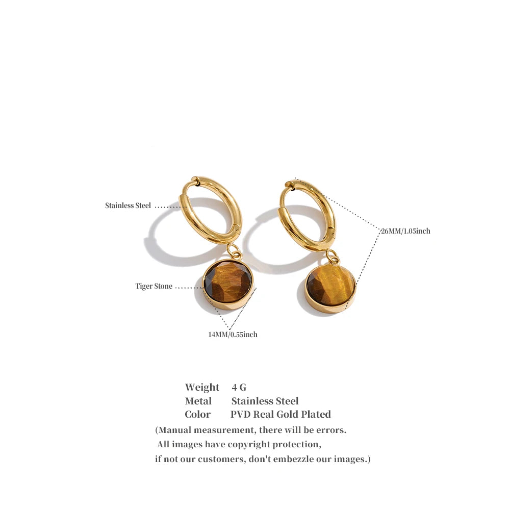 Yhpup Stainless Steel Tiger Natural Stone Red Agate Round Drop Charm Earrings France High Quality Classic Chic Fashion Jewelry