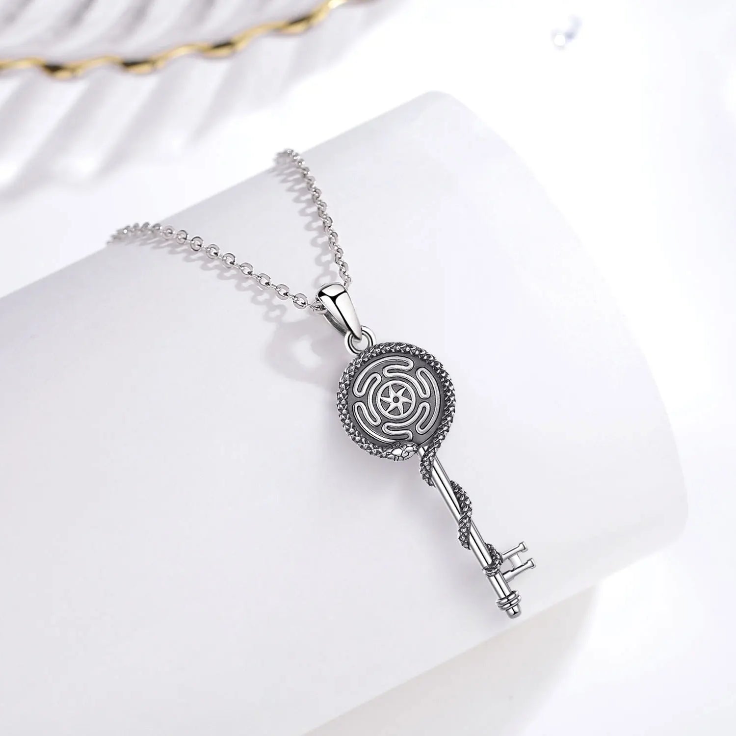 S925 Sterling Silver Hecate Wheel, Snake & Key Pendant Necklace, Triple Goddess Witch Pagan Amulet