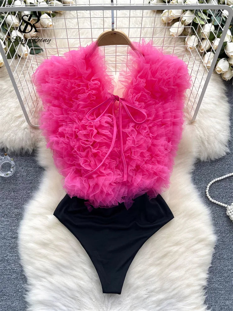 SINGREINY Sexy 3D Flowers Spliced Sheath Bodysuits Club Lace Up V Neck Playsuits Fashion Streetwear Backless Sensual Rompers - Charlie Dolly