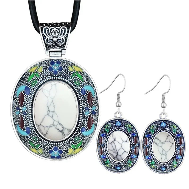 Vintage Oval Lapis Lazuli Jewelry Sets Natural Tiger Eey Unakite Quartz Necklace Earrings Bohemia Fashion Jewelry TS456