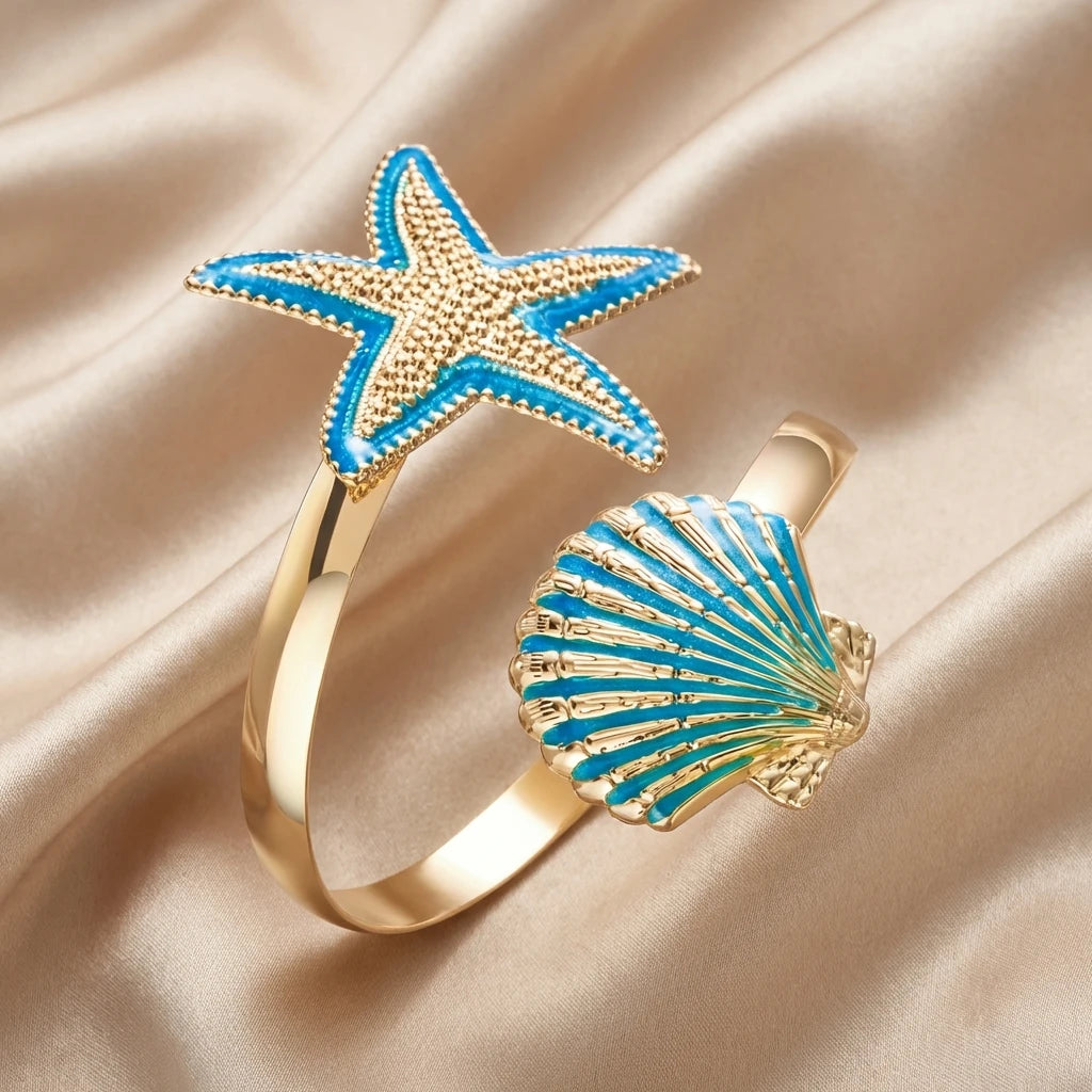 Boho Summer Starfish Shell Open Bangle for Women Gold Color Metal Blue Enamel Marine Bracelet Fashion Beach Vacation Jewelry