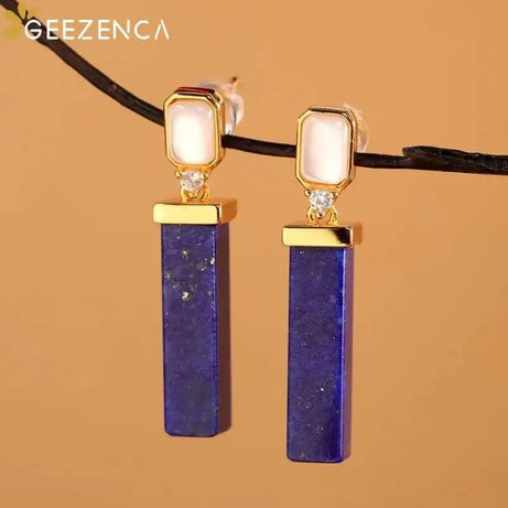 GEEZENCA 925 Silver Gold Plated Lapis Lazuli Bar Charm Dangle Drop Earrings Women CZ Geometric Oblong Simple Trendy Earring Gift - Charlie Dolly