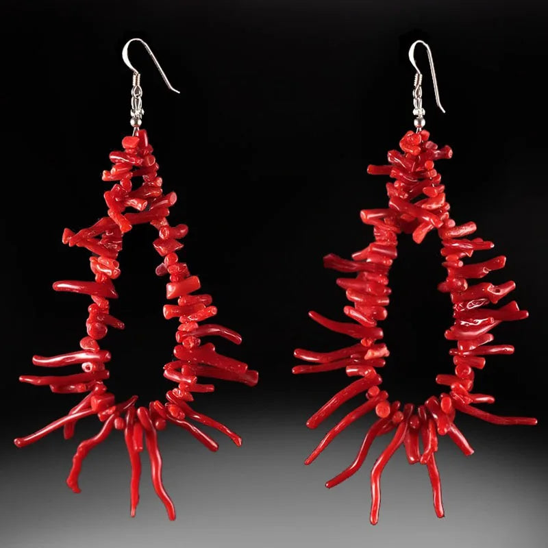 Handmade Coral Red Drop Earrings with Freshwater Pearl Lapis Lazuli Stone Women Jewelry