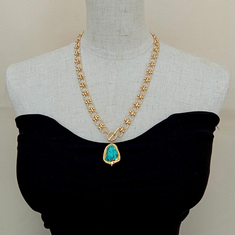 KKGEM  Gold Plated Link Chain 22x28mm Blue Turquoise Pendant   Chokers Necklace Designer Gems Jewelry - Charlie Dolly