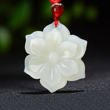 Natural White Jade Rich Flower Pendant Necklace, Hand-Carved Luxury Talisman