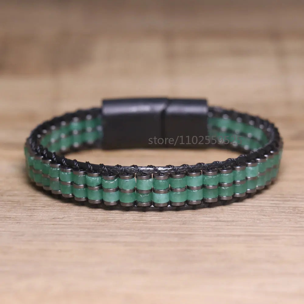 Natural stones Boho Handmade Braided Green Aventurine Beaded Magnetic fastener Bracelet for Men and Women Healing Jewelry
