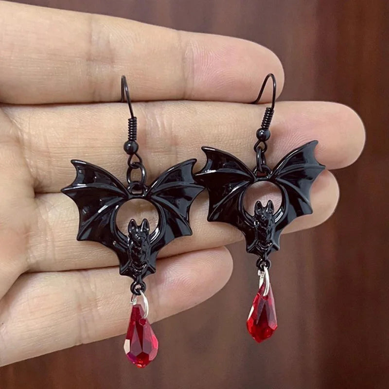 Halloween Bat Earrings for Women Gothic Punk Drop Earring Black Red Crystal Tassel Personality Jewelry Party Female Accessories - Charlie Dolly