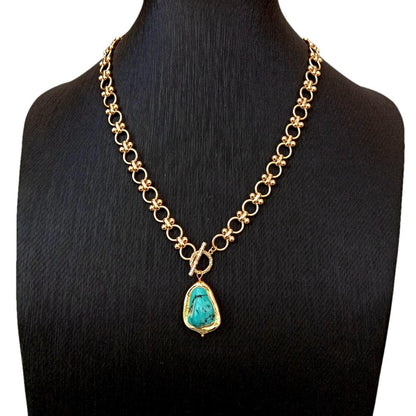 KKGEM  Gold Plated Link Chain 22x28mm Blue Turquoise Pendant   Chokers Necklace Designer Gems Jewelry