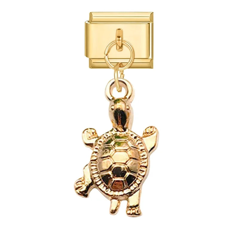 Vintage Golden Sea Shell Conch Starfish Dolphin Turtles Pendant Bead Fit 9mm Italian Charm Bracelet Stainless Steel DIY Making