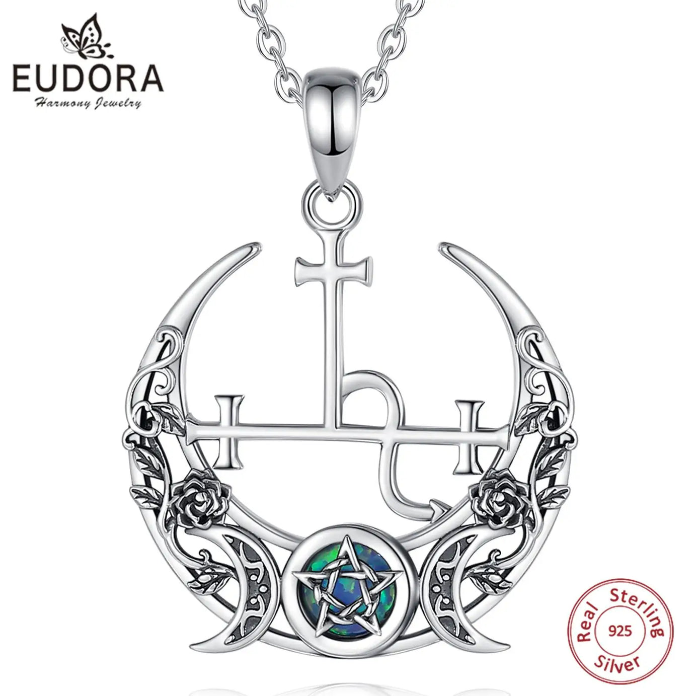 S925 Sterling Silver Lilith Moon & Opal Pendant Necklace, Triple Moon Goddess Amulet