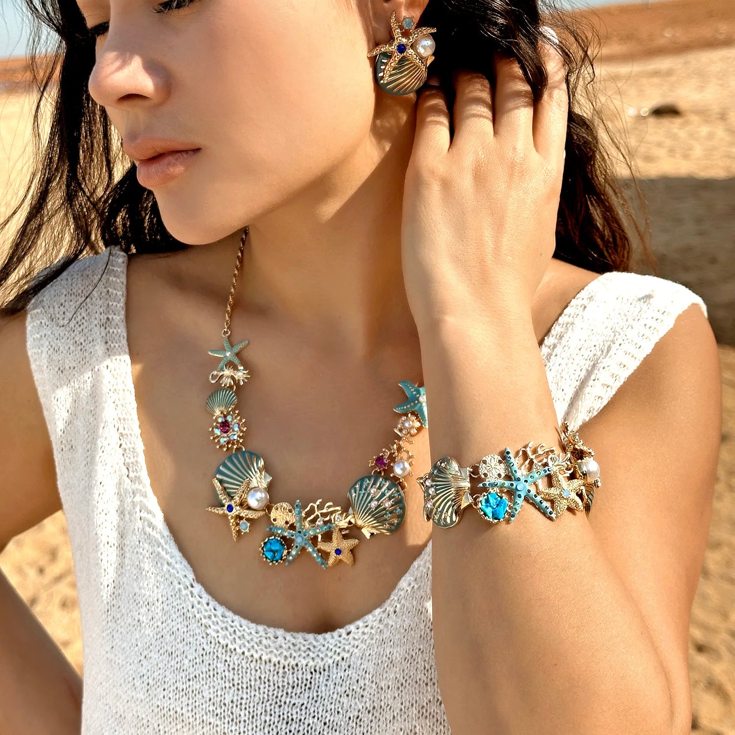 Exaggerated Metal Starfish Shell Pearl Necklace Earring for Women Boho Ocean Coral Scallop Pendant OT Clasp Bracelet Jewelry