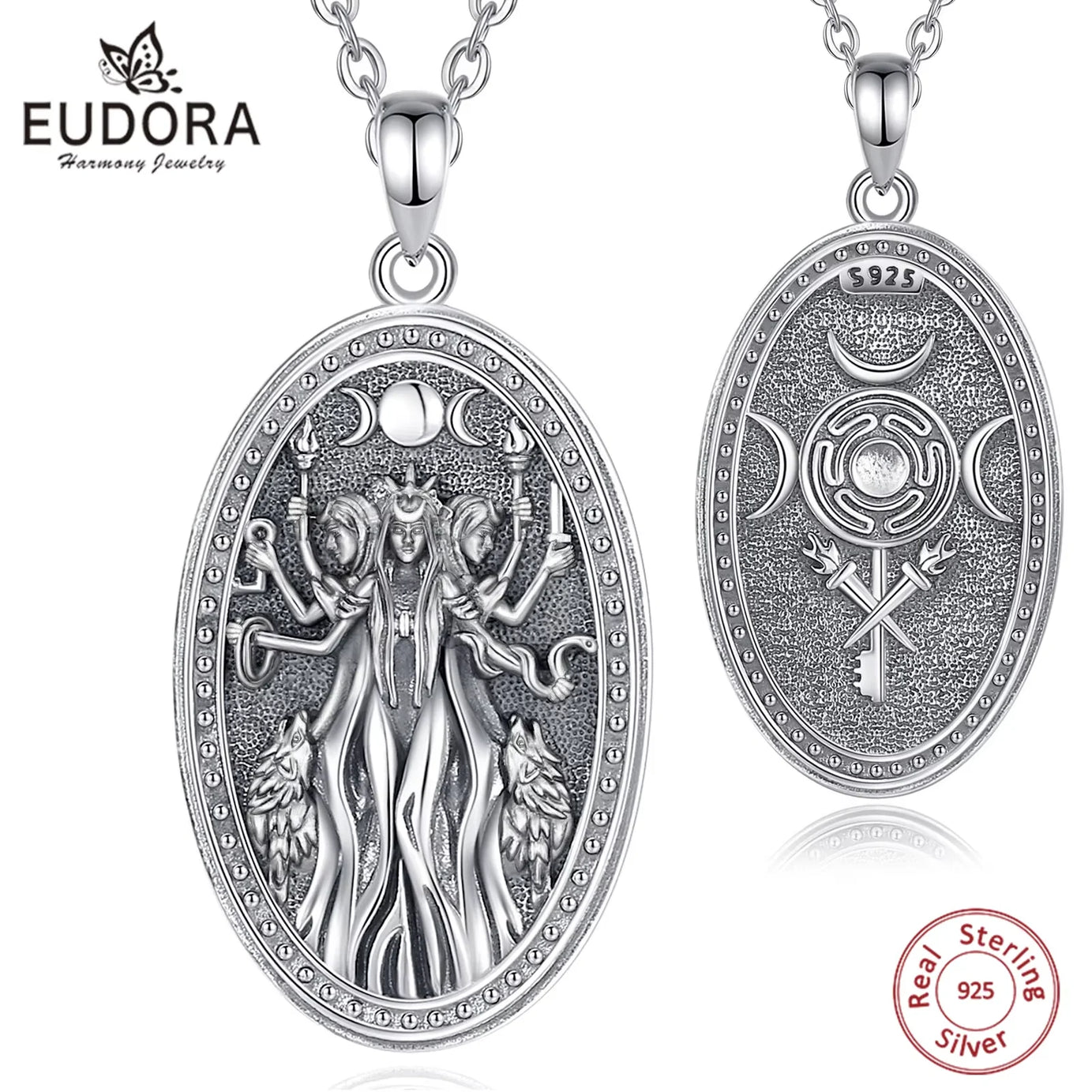 Triple Moon Goddess Hecate Hound Necklace, S925 Sterling Silver