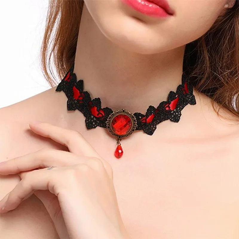 Halloween Choker Necklace for Women Rhinestone Pendant Lace Gothic Necklace for Steampunk Royal Court Vampire Costume Jewelry - Charlie Dolly