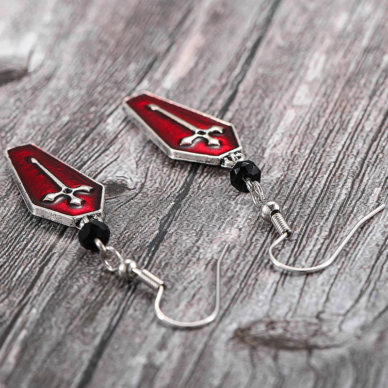New Red Coffin Vampire Cross Earrings Punk Goth Style Long Dangle Earring for Women Girls Personality Halloween Jewelry Gifts - Charlie Dolly