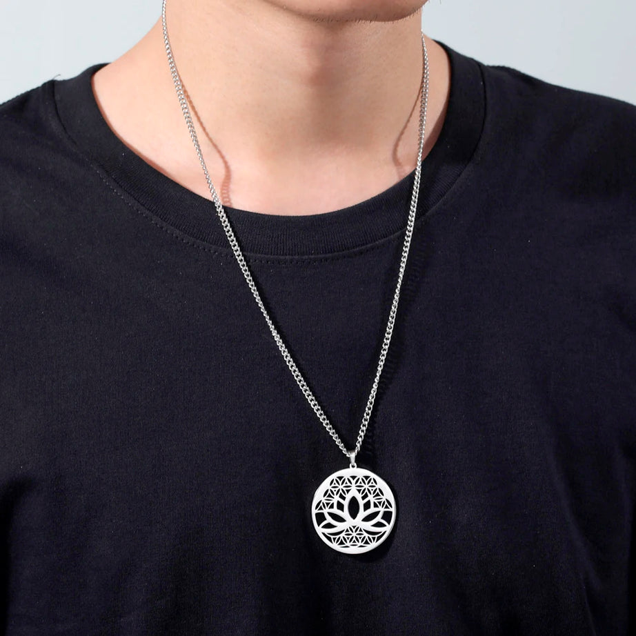Lotus Flower of Life Pendant Necklace, Stainless Steel Buddhist Yoga Meditation Amulet