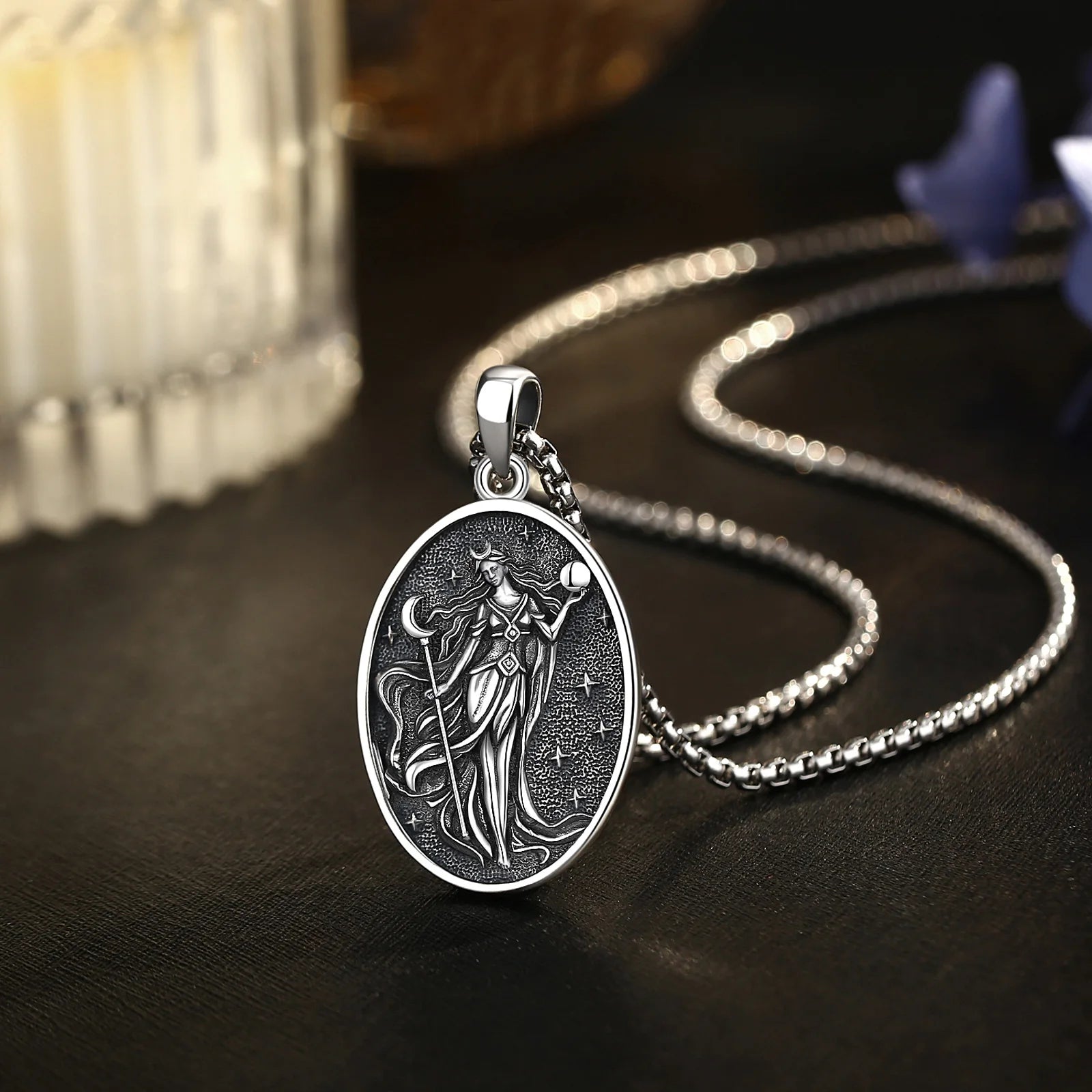 Eudora 925 Sterling Silver NYX Moon Goddess Necklace Dark goddess of Night NYX Pendant Wicca Pagan Hellenic Jewelry for Women