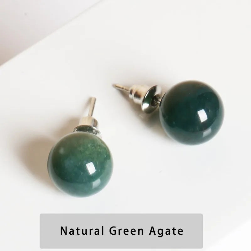 Natural Stone Agate Quartz Lapis Lazuli Tiger Eye Round Bead Stud Earrings Women Fashion Simple Stainless Steel Crystal Ear Stud